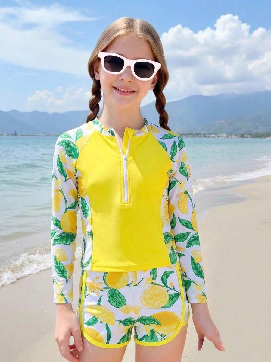 New Arrival Girls Printed Long Sleeve Zip-Up Two-Piece Swimsuit Set - Green - View 1