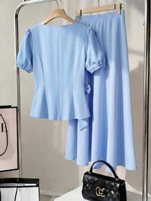 Elenzga Bộ 2 món dành cho nữ, gồm áo kiểu thắt eo nơ thanh lịch và chân váy chữ A. - Màu xanh nhạt - Xem 5