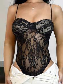 Vassilux Bộ đồ liền thân ren bó sát gợi cảm dây mảnh màu đen - màu đen - Xem 4