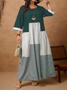 Rosumi 大码女式休闲度假圆领七分袖波点、格子和条纹拼接连衣裙，秋季 - 水鴨藍 - 查看 3