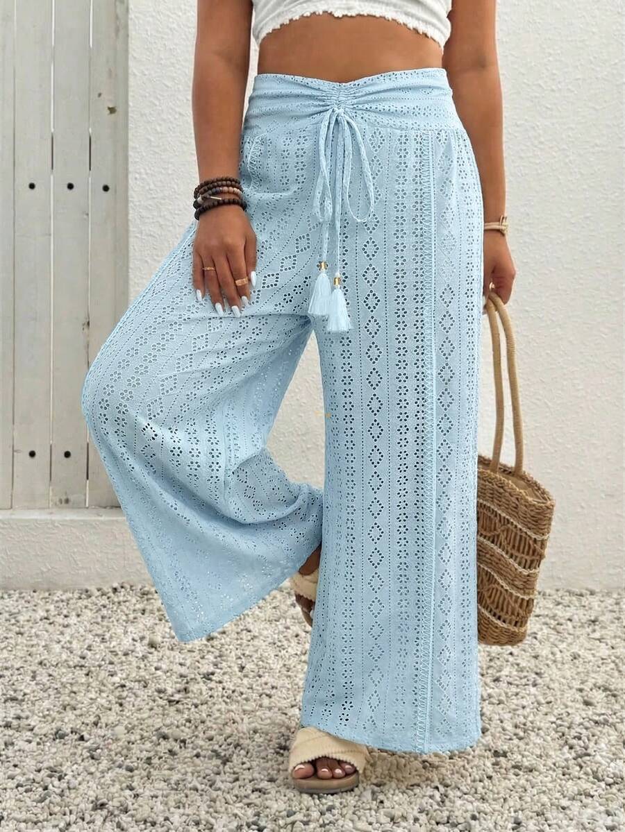 EMERY ROSE Pantalones de vacaciones con cintura con cordón y abertura lateral, de tela jacquard de talla grande - Celeste - Ver 1
