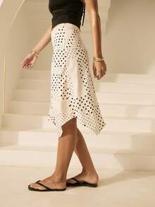 Aralina 女士波点低腰宽腰带不对称下摆飘逸中长裙，波点半身裙，可爱外出装 - 黑與白 - 查看 4