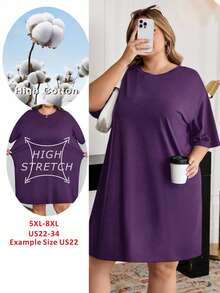 SHEIN CURVE+ Đầm ngắn tay cổ tròn dáng rộng thoải mái, thích hợp cho mùa hè. - Màu tím - Xem 1
