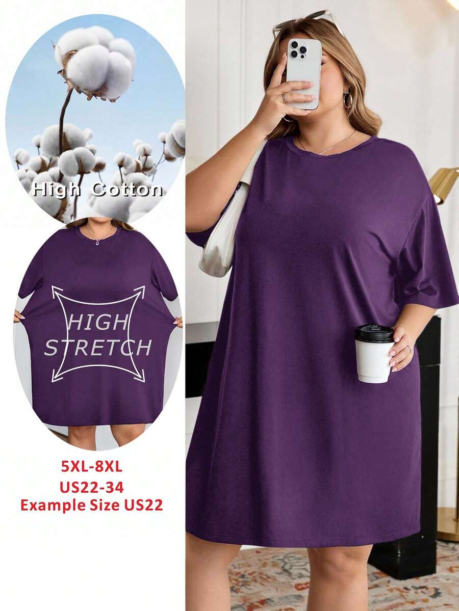 SHEIN CURVE+ Đầm ngắn tay cổ tròn dáng rộng thoải mái, thích hợp cho mùa hè. - Màu tím - Xem 1