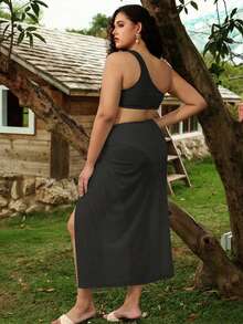 Swim Oasis Conjunto de bikini de 3 piezas unicolor para mujer de talla grande, adecuado para la playa, la natación y las vacaciones - Negro - Ver 2