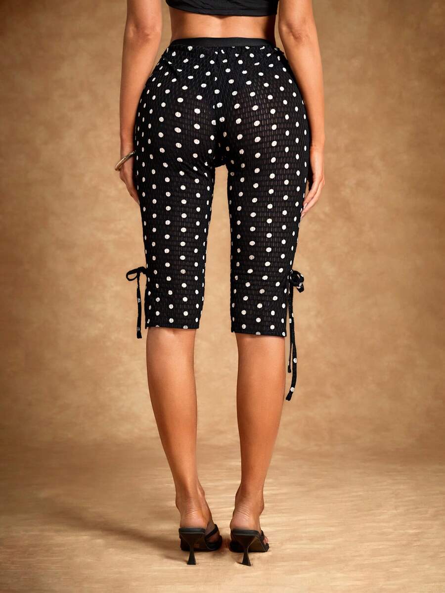 Radiana 女士性感复古独特黑白波点透视网纱低腰七分裤 - 黑色 - 查看 1