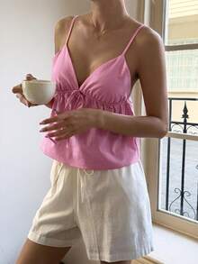 DAZY 女款休閒度假風純色繫帶V領細肩帶夏季上衣 - 粉色 - 查看 4