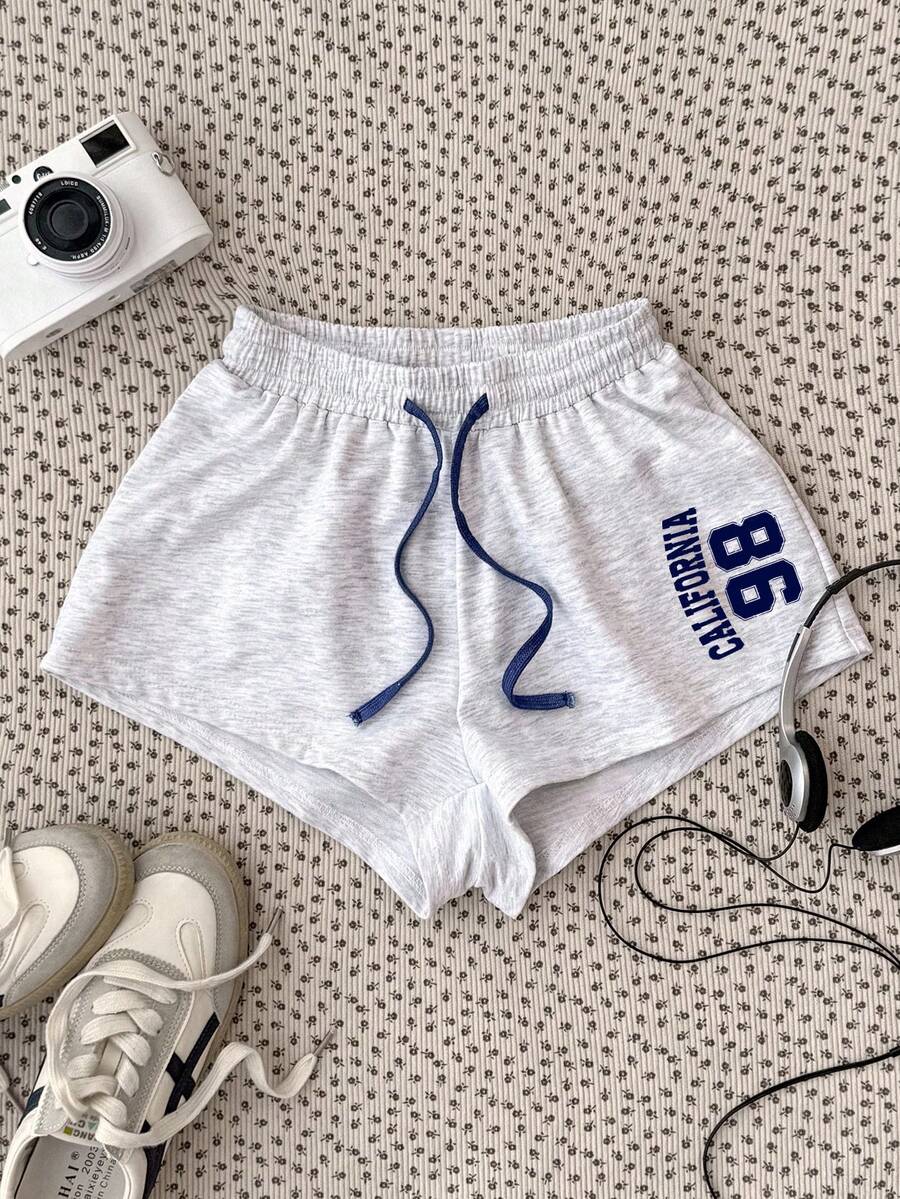 Tween Girls Loose Casual Comfortable Mid-Waist Patchwork Contrast Color Letter Print Shorts - Grey - View 1