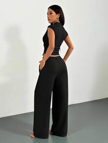 SHEIN PETITE 2件組女款夏季純色黑色休閒家居服，立領百褶襯衫與長褲套裝，舒適運動服飾兩件套，適合嬌小女性 - 黑色 - 查看 3