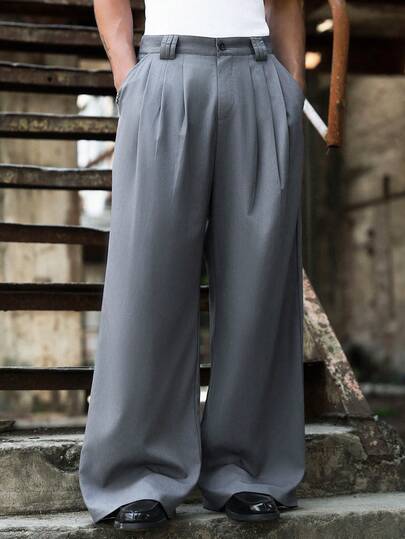 PAVTROS Pantalones casuales versátiles y de pierna ancha para hombres, pantalones grises de pierna ancha, pantalones grises holgados, pantalones grises con pinzas, pantalones grises sueltos