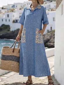 SHEIN Plus Size Loose Denim Floral Pocket Dress - Blue - View 1