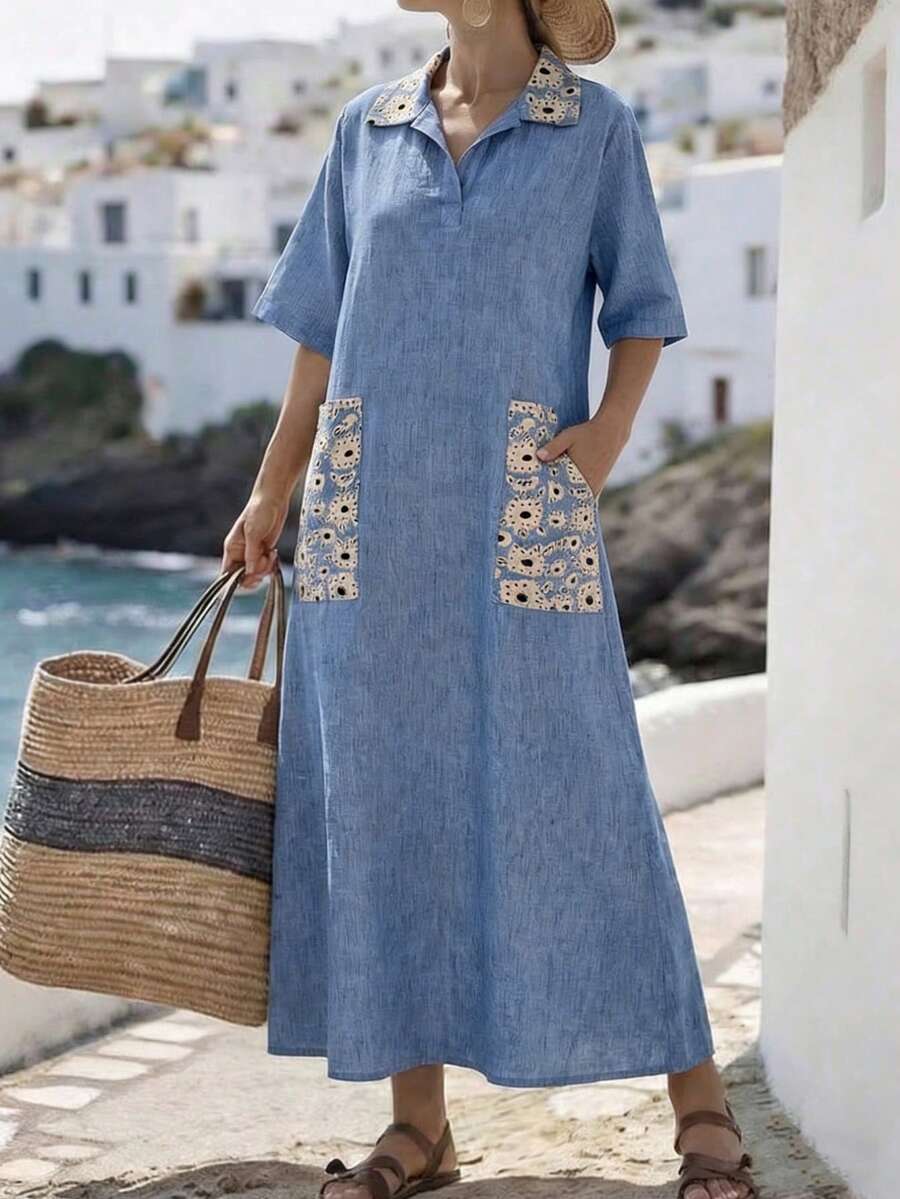 SHEIN Plus Size Loose Denim Floral Pocket Dress - Blue - View 1