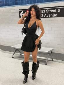 StreetHx Vestido feminino preto de verão em tricô com decote halter e detalhes metálicos na barra dupla. - Preto - Ver 4