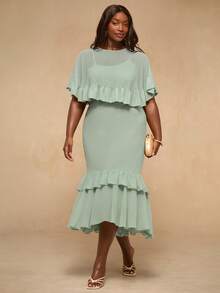 SHEIN BAE Plus Size Women Solid Color Ruffle Hem Elegant Waist Cinched Party Dress,Summer Outfit For Women,Spring Clothing,Festival Dresses,Easter Dress Women,Elegant Long Party Dress,Beach Outfit,Plus Size,Curve,Holiday Dresses,Elegant  Dress,Green Dresses For Women ,Ruffle Dress - Green - View 4