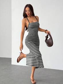 SHEIN PETITE 女士时尚度假休闲吊带连衣裙 - 黑與白 - 查看 10