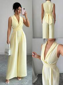 Elenzga 女士浅黄色褶皱领高端设计前开襟蝴蝶结腰带连体裤，优雅大方，适合情人节、复活节、劳动节、生日、约会、派对、正式场合、教师装、旅行、春夏穿着。 - 淡黃色 - 查看 4