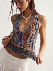 Bohemela 女士撞色露背系带性感百搭约会之夜针织上衣 - 彩色 - 查看 8