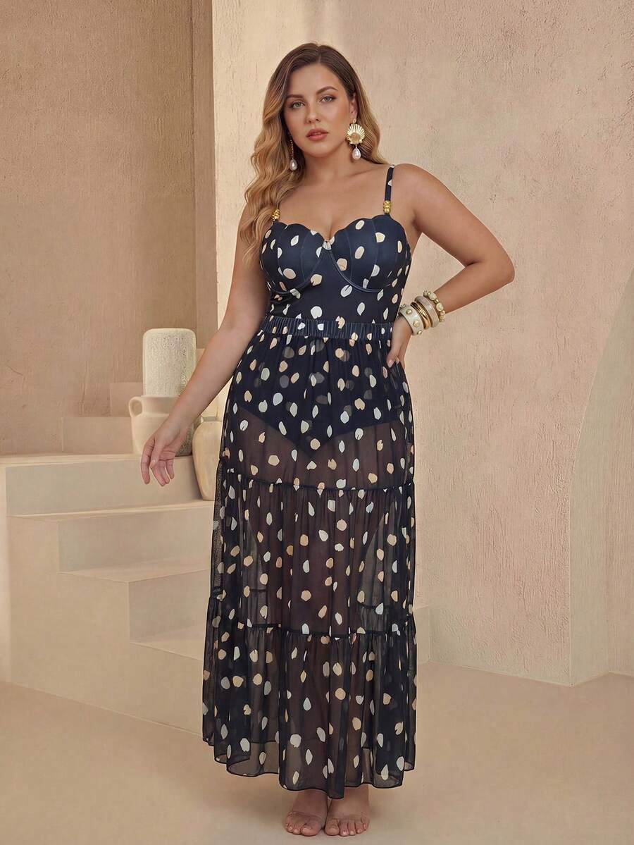 Swim Oasis Đồ bơi liền thân 2 mảnh họa tiết hoa cánh hoa cỡ lớn thời trang mùa hè dành cho nữ, có gọng nâng ngực, cạp chun và chân váy lưới - Đen và trắng - Xem 1