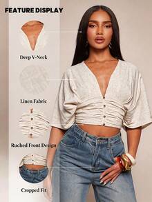 Radiana 女士亚麻蝙蝠袖短袖衬衫，适合休闲外出、购物、通勤、办公、度假等场合，是女士夏季穿搭的理想之选。这款褶皱上衣专为女性设计。 - 杏色 - 查看 6