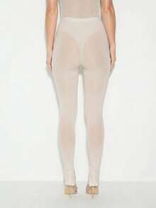 KIZN High Waisted Mesh Leggings With Button Detail Ankle Slit Stretchy Fitted Pants For Casual Chic Style - Beige - View 2