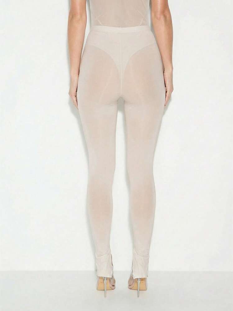 KIZN High Waisted Mesh Leggings With Button Detail Ankle Slit Stretchy Fitted Pants For Casual Chic Style