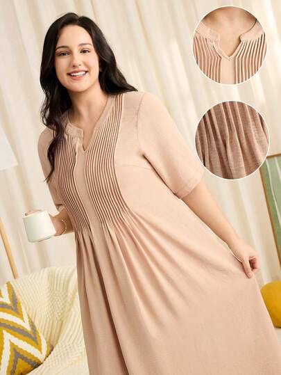 Momelise 大码女式休闲纯色圆领褶皱条纹七分袖A字连衣裙