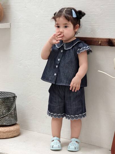 Dazy Kids 女婴两件套：短袖衬衫和牛仔短裤，春夏款