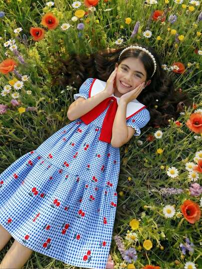 Sparklyn Girls' Summer Blue And White Checkered Cherry Print Dress With A Large Collar, Bow, Puffed Sleeves, And Loose Fit For Easy Movement, Suitable For School, Weekends, And Activities, Tween Girl Clothes