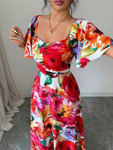 SHEIN Raffinéa 女士碎花图案甜心领荷叶袖优雅连衣裙 - 紅色 - 查看 5