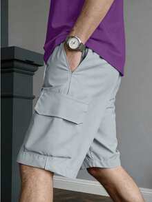 Manfinity Dauomo Pantalones cortos casuales de hombre con bolsillos cargo y cordón en la cintura - Gris Claro - Ver 4