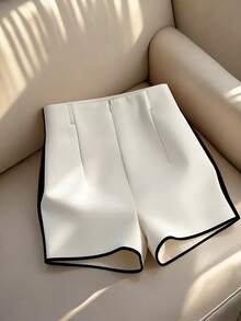 Franclia Quần short nữ thanh lịch, quần short cạp cao, quần short phối đen trắng đa năng, quần short ống rộng màu mơ và đen với thiết kế tương phản, phù hợp với trang phục đi làm thường ngày của nữ giới, trang phục thường nhật đa chức năng và phong cách, trang phục công sở cho giáo viên thành thị, quần short đi biển, quần dài/quần short trắng đen cho nữ mùa hè - Màu be - Xem 3