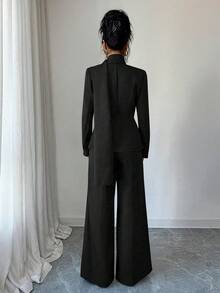 SHEIN Elenzya Women's Solid Color Minimalist Daily Wear Long Sleeve Top And Pants Suit - Black - View 2
