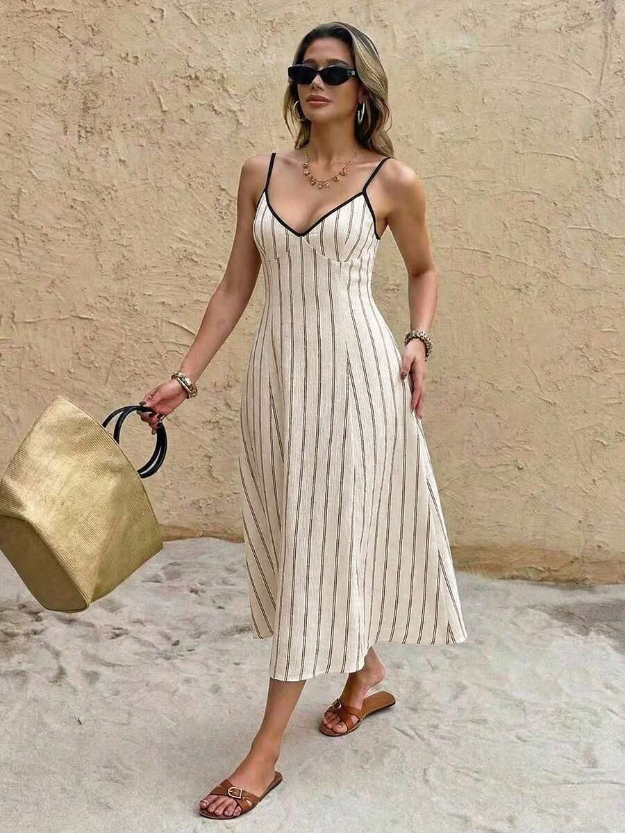 Serisse Đầm midi nữ kẻ sọc hở lưng buộc dây kiểu dáng thường ngày - Màu be - Xem 1