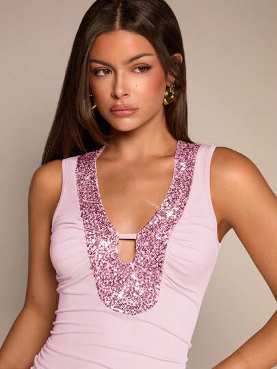 Glamine Sequin Elegant Vintage Romantic Versatile Commuting Casual Blouse, Suitable For Music Festival Fall Women Clothes Back To School Glitter Tops For Women Women S Vest Tops Rhinestone Tank Top