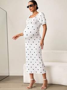 MaterniWear Đầm bầu mùa hè kiểu dáng thường ngày in chấm bi, thắt nơ phía trước. - trắng - Xem 4