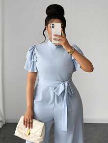 Maweii Plus Size Elegant High Neck High Waist Wide Leg Jumpsuit - Blue - View 6