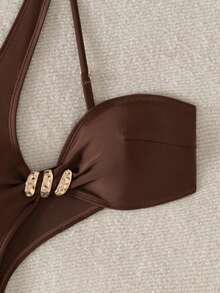 Swim SXY 女士纯色金属装饰镂空不对称领口连体泳衣 - 棕色 - 查看 5