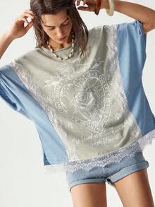 Bohemela 女士字母印花圆领宽松拼接撞色休闲T恤 - 彩色 - 查看 8