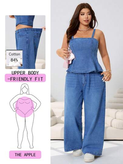 Solflare Bộ đồ 2 mảnh mùa Xuân/Hè kiểu dáng thường ngày, gồm áo hai dây xếp ly viền ren và quần jeans ống rộng cạp chun, thích hợp cho đi chơi, mặc hàng ngày, dự tiệc, lễ hội âm nhạc, đi làm, đi học, nghỉ mát, dạo phố, cỡ lớn, màu xanh nước biển.