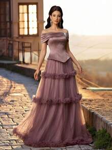 Aureia Elegant Luxury Vintage Off Shoulder Satin Patchwork Maxi Dress,Handcrafted Rhinestone Decor Tulle 3D Floral Design,Formal Gown For Weddings & Galas - Purple - View 5