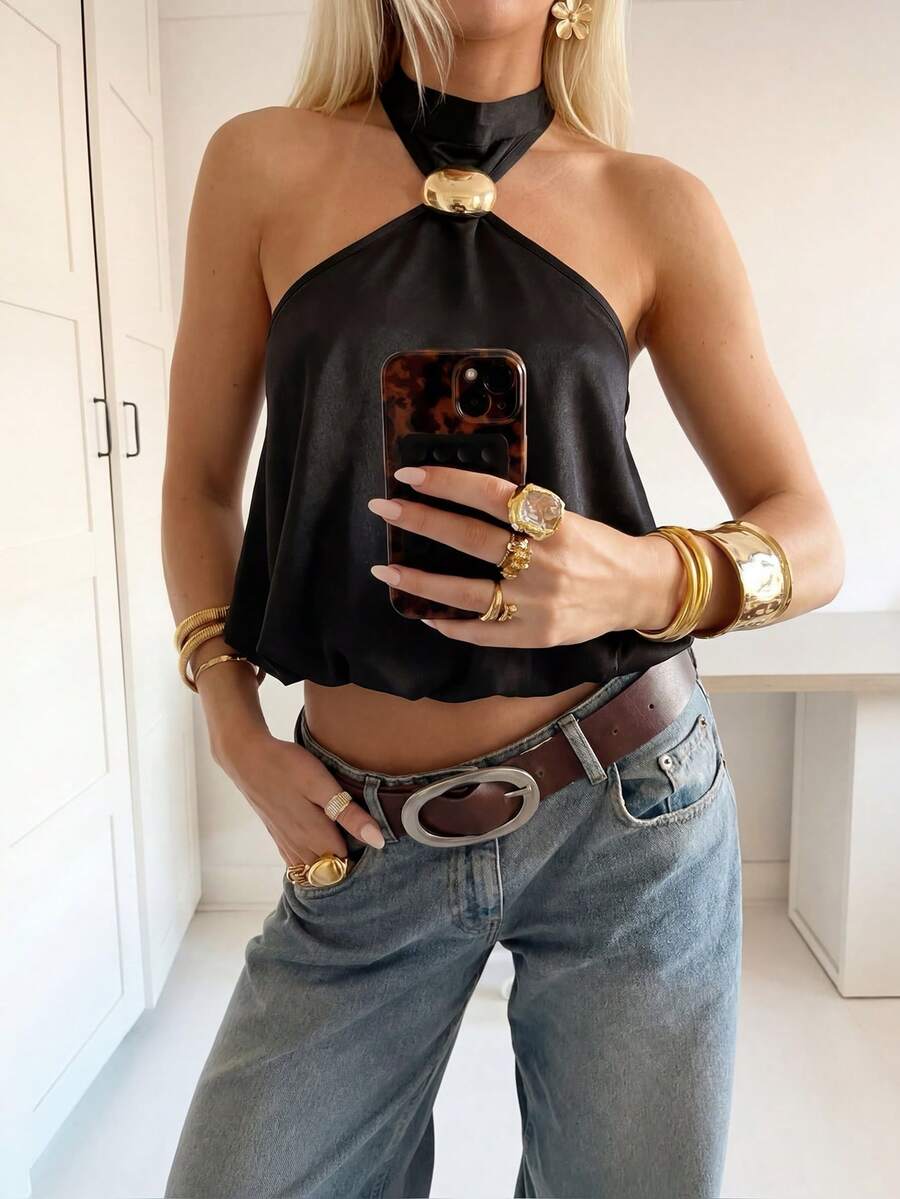 Firerie 女士优雅简约时尚通勤都市风音乐节度假性感新款潮流露背金属装饰吊带背心 - 黑色 - 查看 1