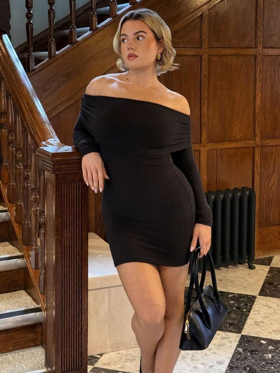 Bethéva Damen einfarbiges minimalistisches Off-Shoulder Langarm-Kurzkleid, lässiger Alltagsanzug - Schwarz - Übersicht 1