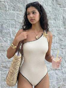 SHEIN Áo tắm liền thân cho thiếu nữ, màu trắng viền vỏ sò, họa tiết sao biển bằng kim loại màu tương phản. - màu đen - Xem 5