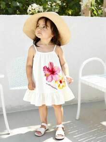 SHEIN Playful Pals 女婴碎花连衣裙，白色底，鲜艳的花朵图案，无袖设计，适合夏季穿着，是女孩夏季服装的甜美之选。 - 彩色 - 查看 7