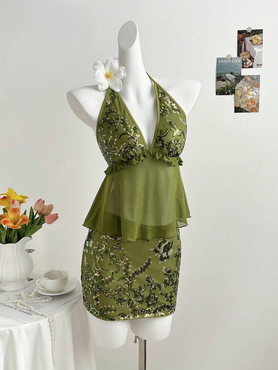 Elamini Women's Sequin Embroidered Camisole Top + Bodycon Mini Skirt Sexy Versatile 2-Piece Set, Spring/Summer - Green - View 1