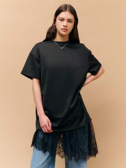 Nöista Women's Black Layered Lace Trim Round Neck Short Sleeve T-Shirt