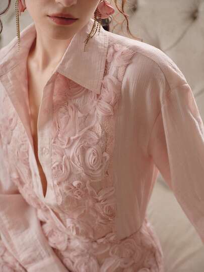 Anewsta Textured Embossed Jacquard Elegant Commuter French Style Shirt & Midi Skirt 2 Pieces Set