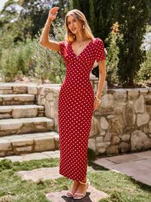 KARISMINA V-Neck Short Sleeve Polka Dot Print Knit Dress For Women, Suitable For Spring/Summer Vacation,Summer Dresses For Women - Red and White - View 7