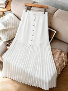 SHEIN Tall CURVE Chân váy xếp ly phối màu trơn, khóa kim loại, bán chạy nhất dành cho nữ cỡ lớn, thanh lịch, phù hợp cho các buổi hẹn hò hàng ngày, du lịch, kỳ nghỉ, chụp ảnh và dã ngoại. - trắng - Xem 1