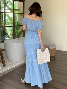 DAZY Bộ đồ mùa xuân hè gồm áo croptop trễ vai màu xanh dương và chân váy chữ A, trang phục đi biển thanh lịch, thoải mái dành cho nữ. - Màu xanh lam - Xem 5